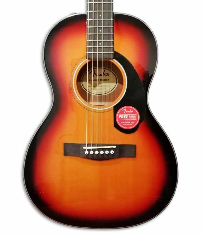 Foto do corpo e roseta da Guitarra Acústica Fender CP-60S Parlor Sunburst