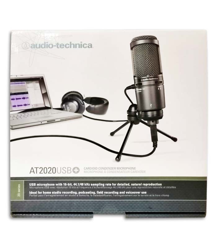 Embalagem do microfone Audio Technica AT2020 com embalagem e saco