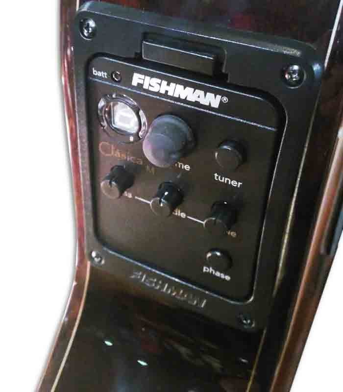 Fishman E1 Classic III com afinador incorporado, controlos de volume e de equalização e interruptor de fase