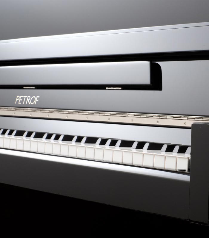 Photo of the Upright Piano Petrof model P118 S1 of the Middle Series front and in three quarters