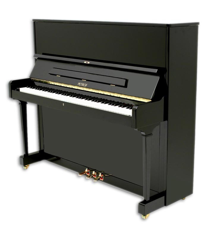 Foto del Piano Vertical Petrof modelo P125 F1 de la Higher Series de frente y en trés cuartos