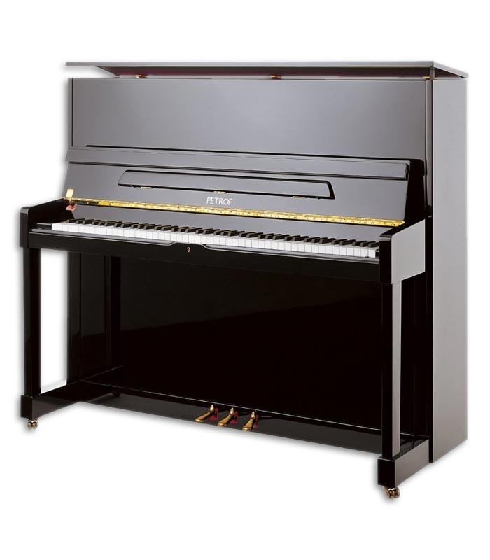 Foto del Piano Vertical Petrof modelo P125 M1 de la Higher Series de frente y en trés cuartos