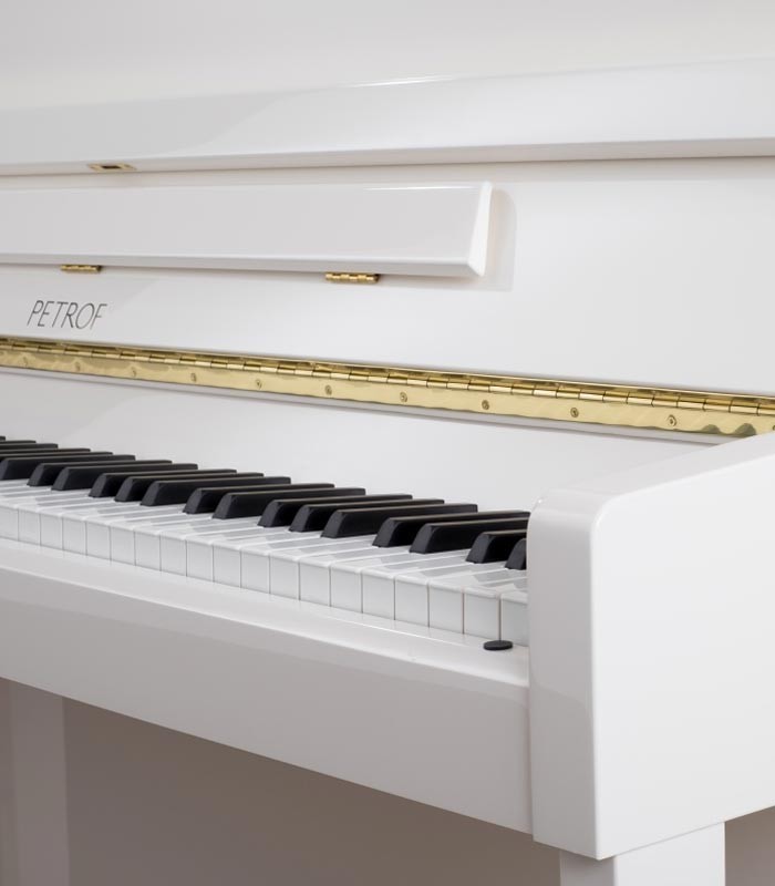 Foto detalhe do teclado e logo do Piano Vertical Petrof P125 M1