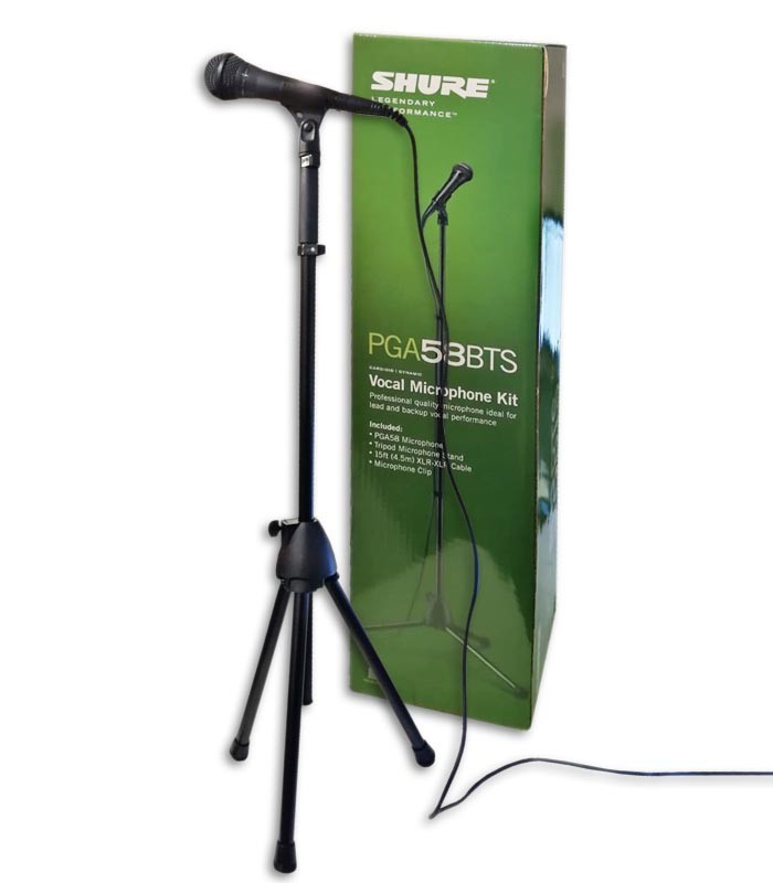 Foto del micrófono Shure modelo PGA 58 BTS con cable, soporte y pinza