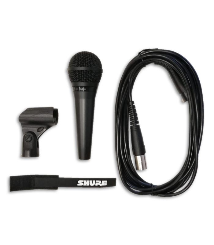Foto do microfone Shure PGA 58 BTS e os acessórios incluidos