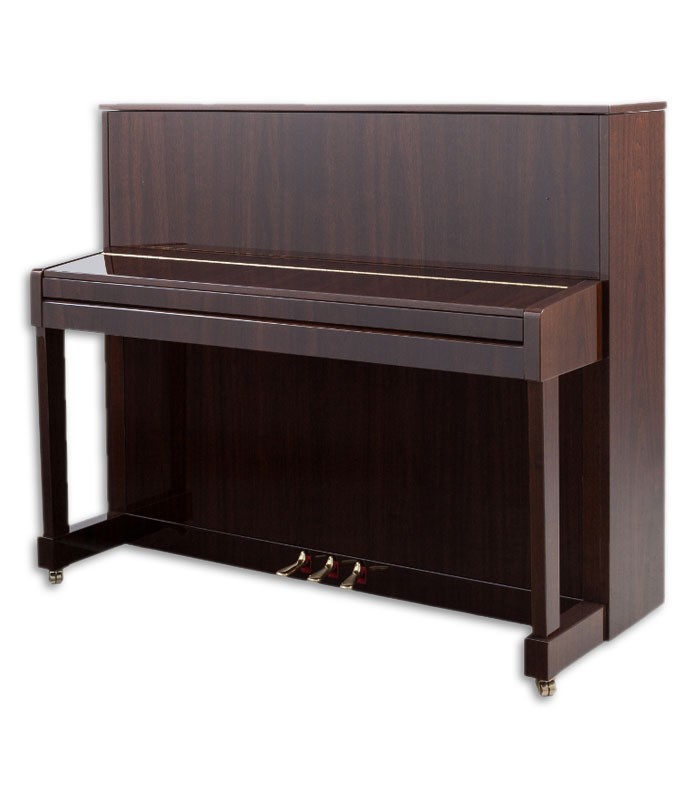 Foto do Piano Vertical Petrof modelo P118 M1 com a tampa do teclado fechada de frente e em três quartos