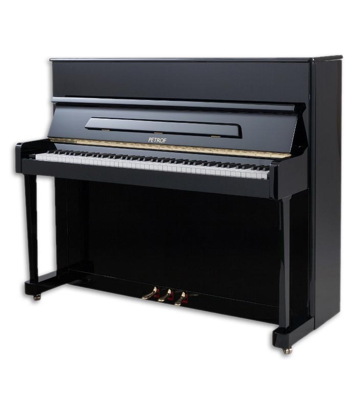 Foto del Piano Vertical Petrof modelo P118 P1 de la Middle Series de frente y en trés cuartos