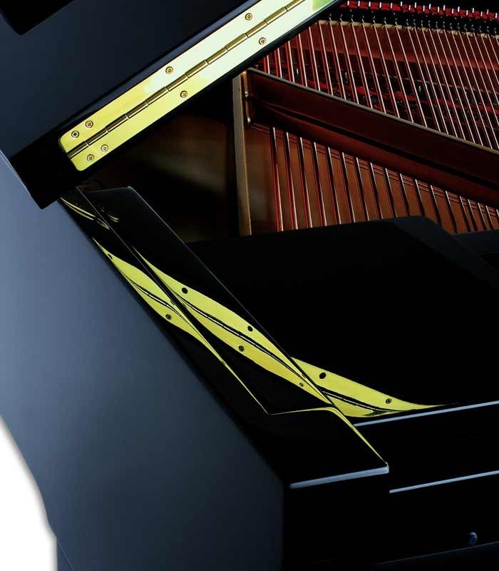 Foto detalle de la tapa y mueble del Piano de Cola Petrof P159 Bora
