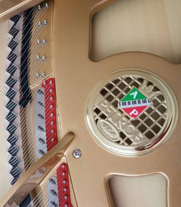 Foto detalle del interior y logo del Piano de Cola Petrof P173 Breeze