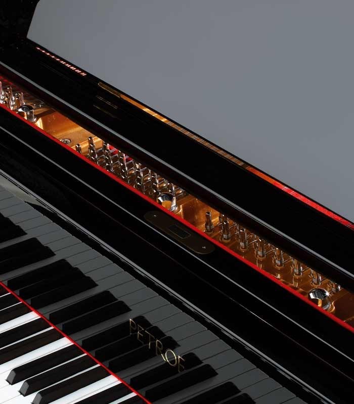 Foto detalhe do teclado e móvel do Piano de Cauda Petrof P237 Moonsoon