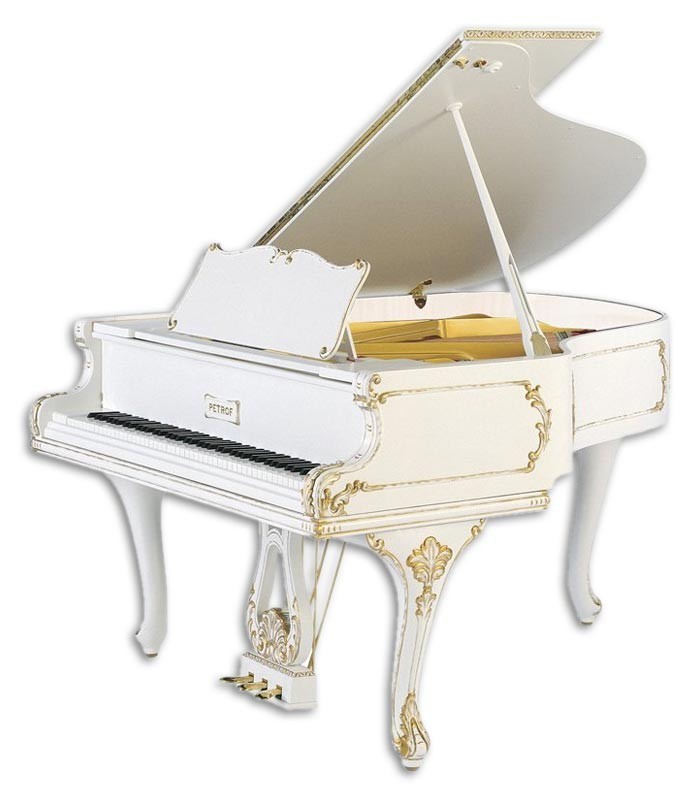 Foto do Piano de Cauda Petrof modelo P173 Breeze Rococo da Style Collection de frente e em três quartos