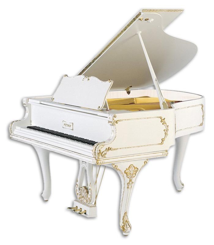 Foto del Piano de Cola Petrof modelo P173 Breeze Rococo de la Style Collection de frente y en trés cuartos