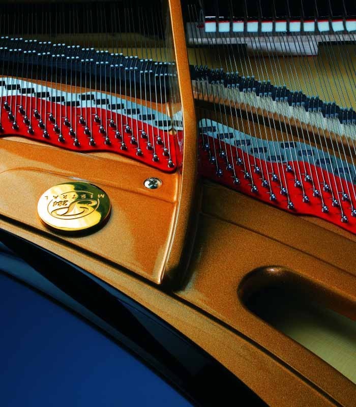 Foto detalhe do interior do Piano de Cauda Petrof P284 Mistral