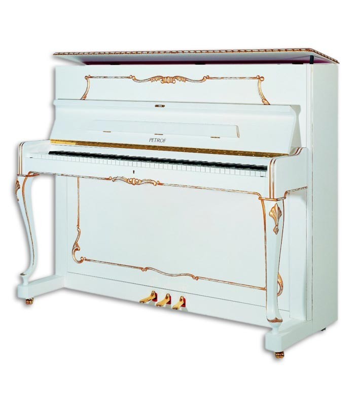 Photo of the Upright Piano Petrof model P118 R1 from the Style Collection front and in three quarters