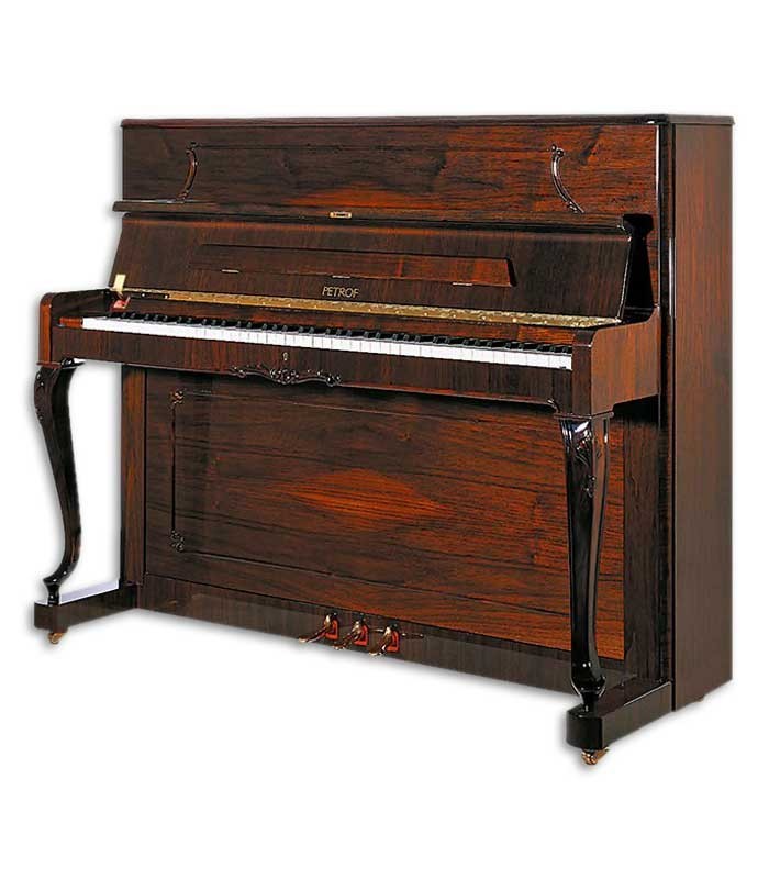 Foto do Piano Vertical Petrof modelo P118 C1 da Style Collection de frente e em três quartos