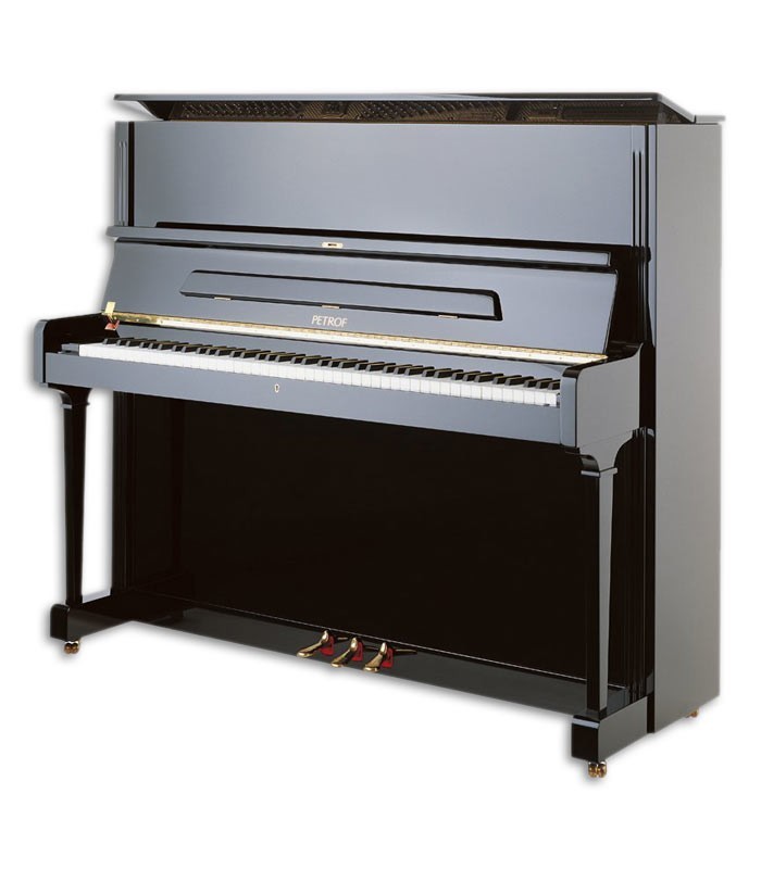 Foto del Piano Vertical Petrof modelo P125 G1 de la Higher Series de frente y en trés cuartos