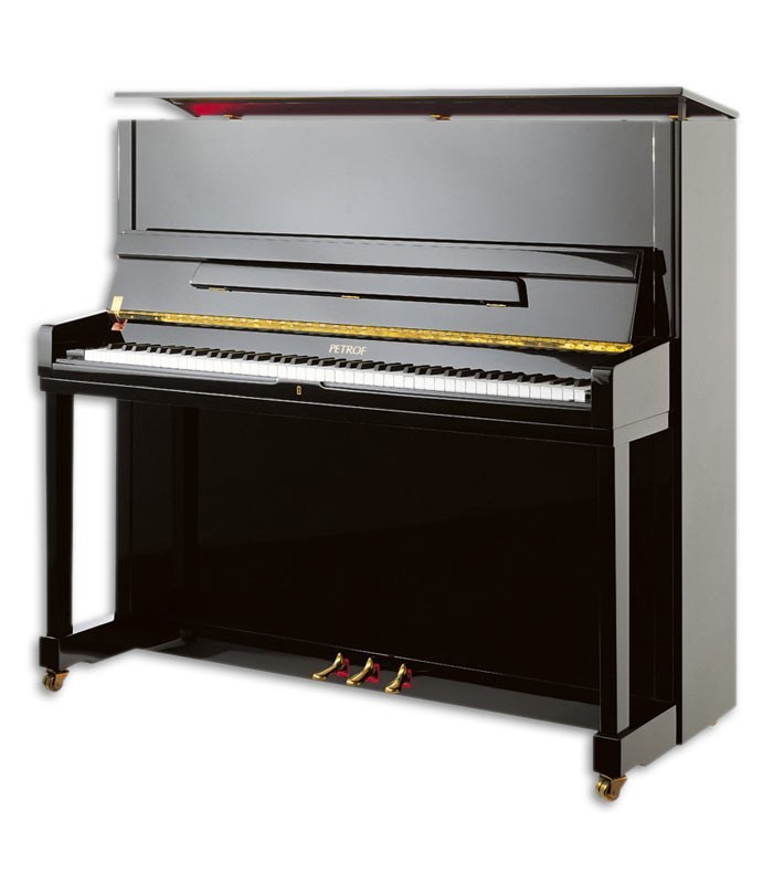 Foto del Piano Vertical Petrof modelo P131 M1 de la Highest Series de frente y en trés cuartos