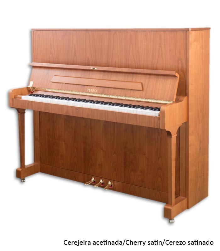 Foto do Piano Vertical Petrof P125 F1 com móvel de cerejeira acetinado