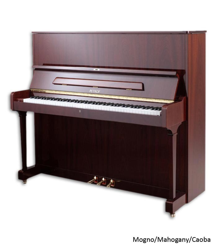 Foto do Piano Vertical Petrof P125 F1 com móvel de mogno