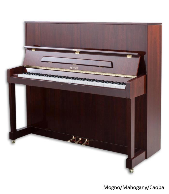 Foto do Piano Vertical Petrof P125 M1 com móvel de mogno