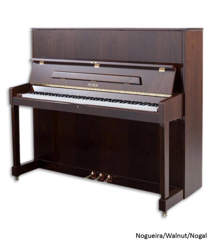 Foto do Piano Vertical Petrof P125 M1 com móvel de nogueira