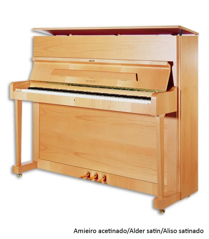 Foto do Piano Vertical Petrof P118 P1 com móvel de amieiro acetinado