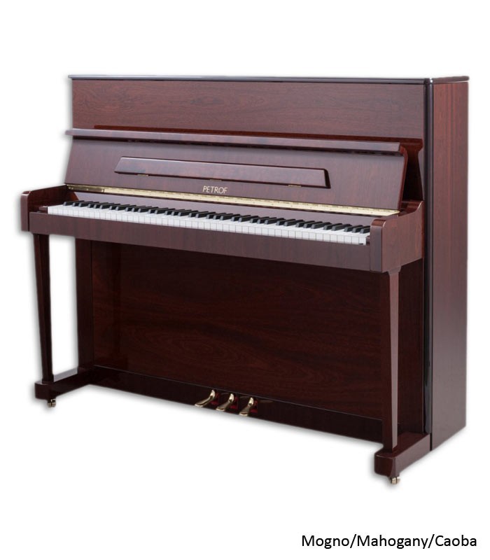 Foto do Piano Vertical Petrof P118 P1 com móvel de mogno