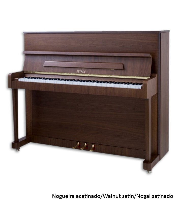 Foto do Piano Vertical Petrof P118 P1 com móvel de nogueira acetinado