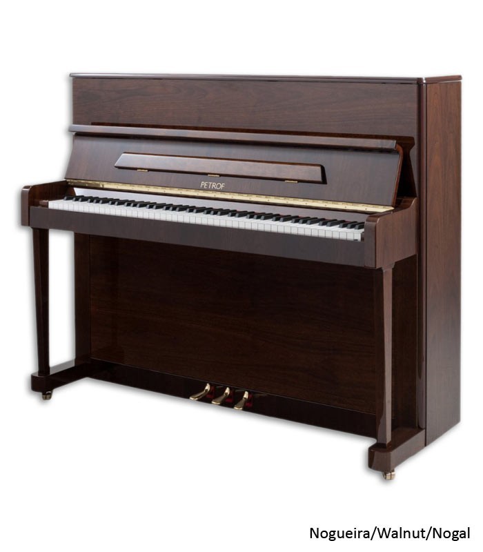 Foto do Piano Vertical Petrof P118 P1 com móvel de nogueira