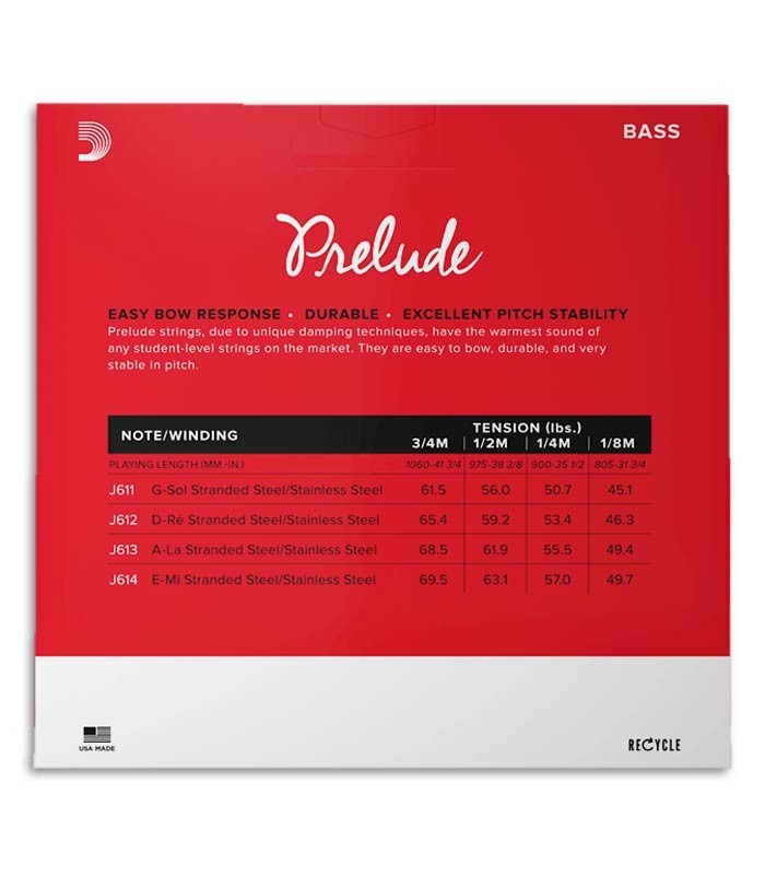 Photo of the backcover of the String Set DAddario model  J610 Prelude for Double Bass 1/2 size