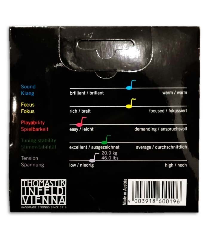 Photo of the backcover of the package of the String Set Thomastik Dominant 141 for Viola 4/4