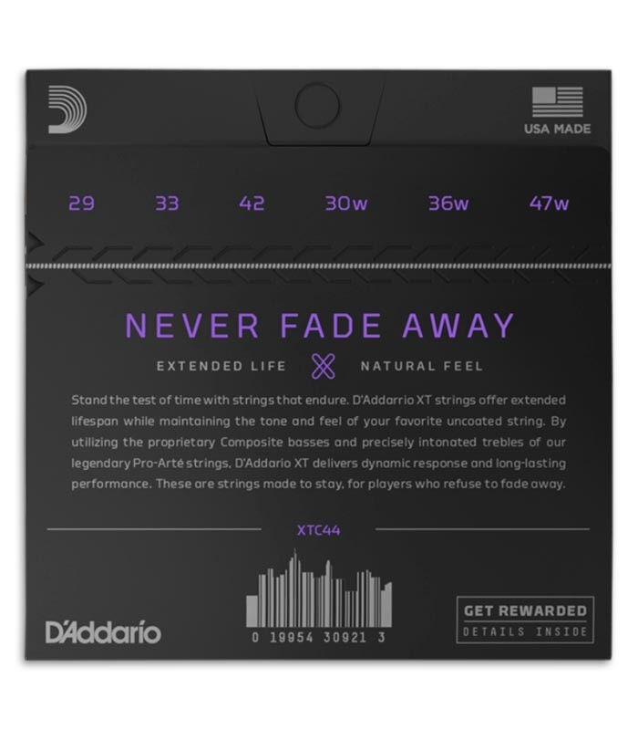 Foto da contracapa da embalagem do Jogo de Cordas Daddario modelo XTC44 Guitarra Clássica Tensão Extra Forte