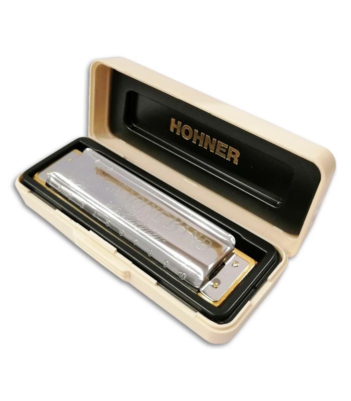 Photo of the Harmonica Hohner Marine Band in F sharp inside the case