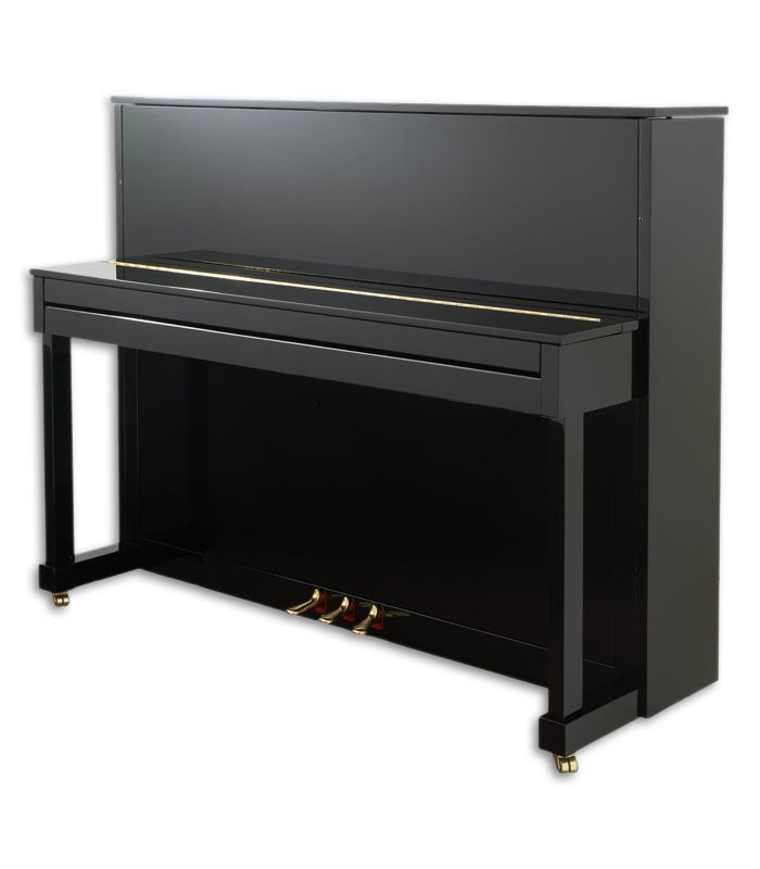Foto do Piano Vertical Petrof modelo P122 N2 Higher Series com a tampa do teclado fechada de frente e em três quartos