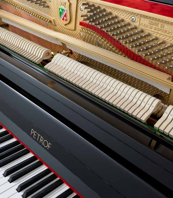 Foto do teclado e da mecânica do Piano Vertical Petrof P122 N2