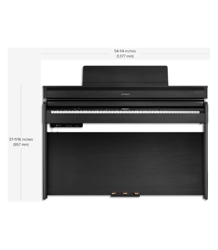 Foto do Piano Digital Roland HP-704 de frente com as medidas 1.377 mm de comprimento e 957 mm de altura