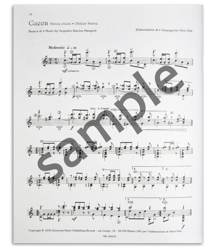 Photo of a sample from the Las Seis Cuerdas Agustin Barrios Mangoré Guitar book