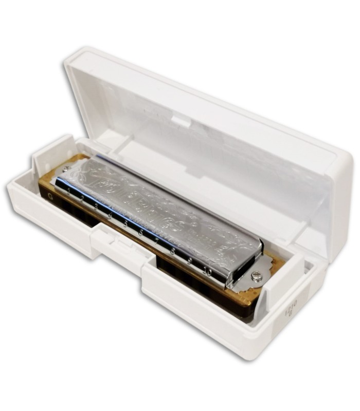 Photo of the Harmonica Lee Oskar model Tombo Folk Blues in G inside the case