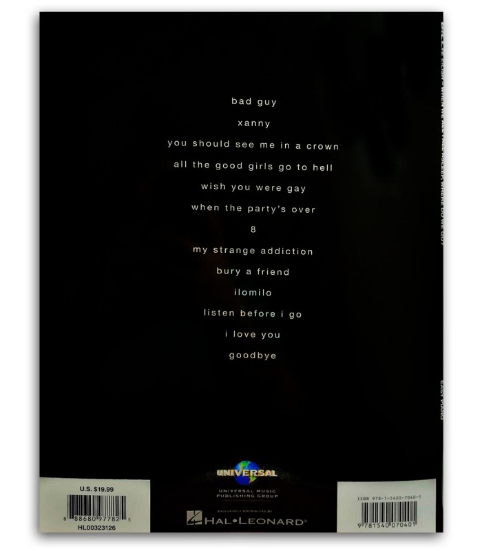 Photo of the Billie Eilish When We All Fall Asleep, Where Do We Go? for Easy Piano's book backcover