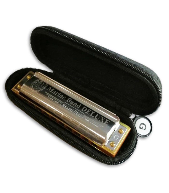 Photo of the Harmonica Hohner model Marine Band de Luxe in G with inside the case