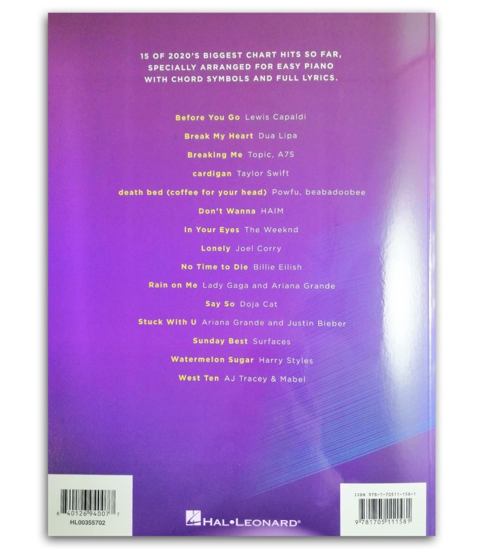 Photo of the Top Hits of 2020 Easy Piano's book backcover