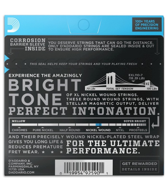 Foto da contracapa da embalagem do Jogo de Cordas Daddário modelo EXL110-7