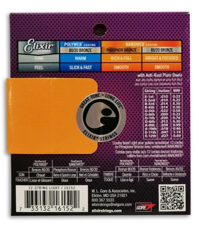 Photo of the String Set Elixir model 16152's package backcover