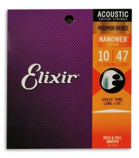 Jogo de Cordas Elixir 16152 Guitarra Acústica 12 Cordas Bronze Nanoweb Extra Light
