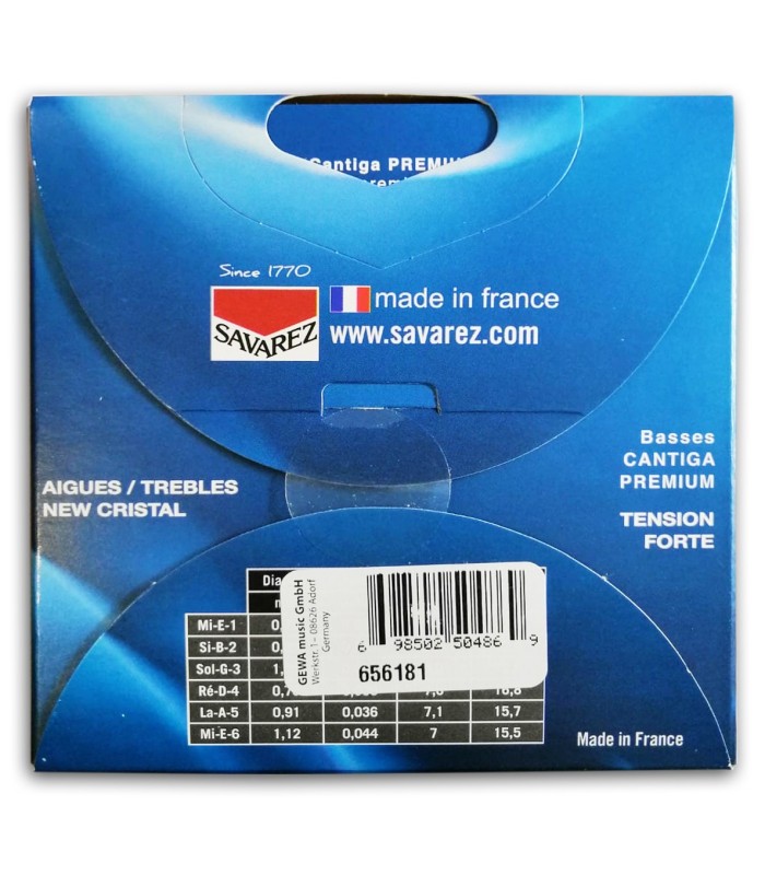 Photo of the String Set Savarez model 510-CJP New Crystal Cantiga Premium's package backcover