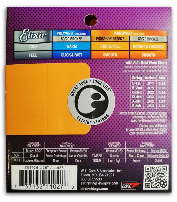 Photo of the String Set Elixir model 11027 for Acoustic Guitar's package backcover 