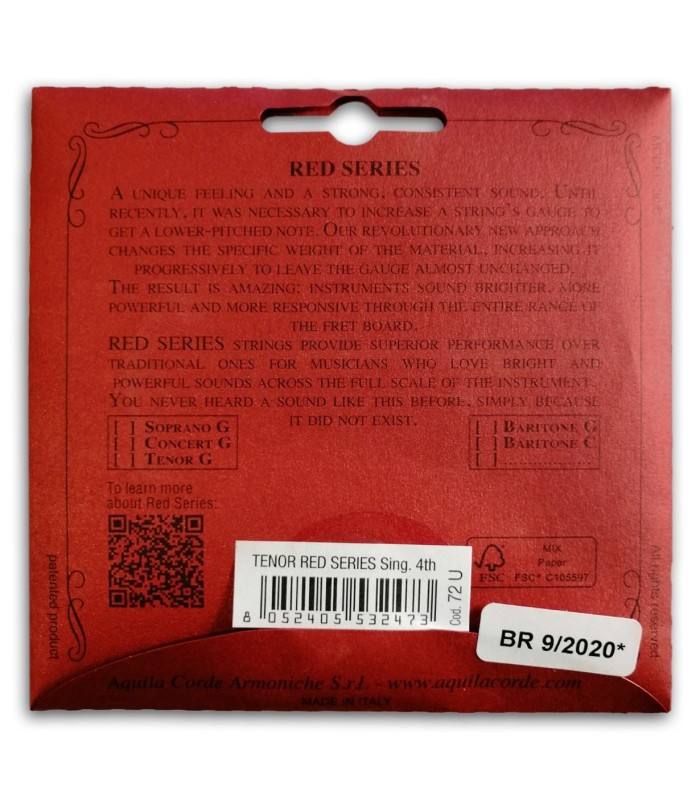 Foto da contracapa da embalagem da Corda Individual Aquila modelo 72-U Red Series Sol Grave para Ukulele Tenor