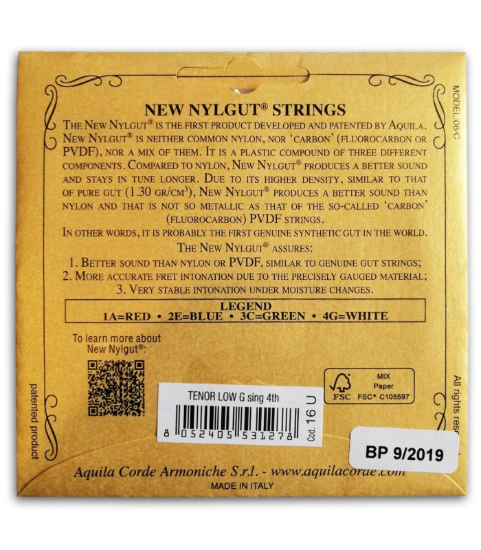Photo of the Single String Aquila 16-U Wound Low G for Tenor Ukulele's package backcover