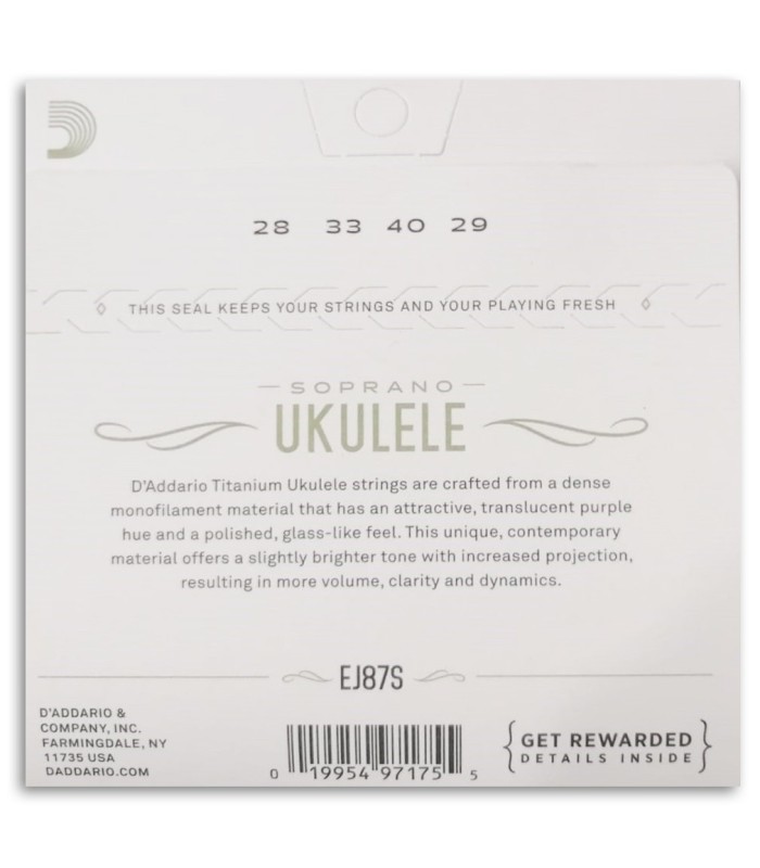 Foto de la contraportada del embalaje del Juego de Cuerdas DAddario modelo EJ87S para Ukelele Soprano