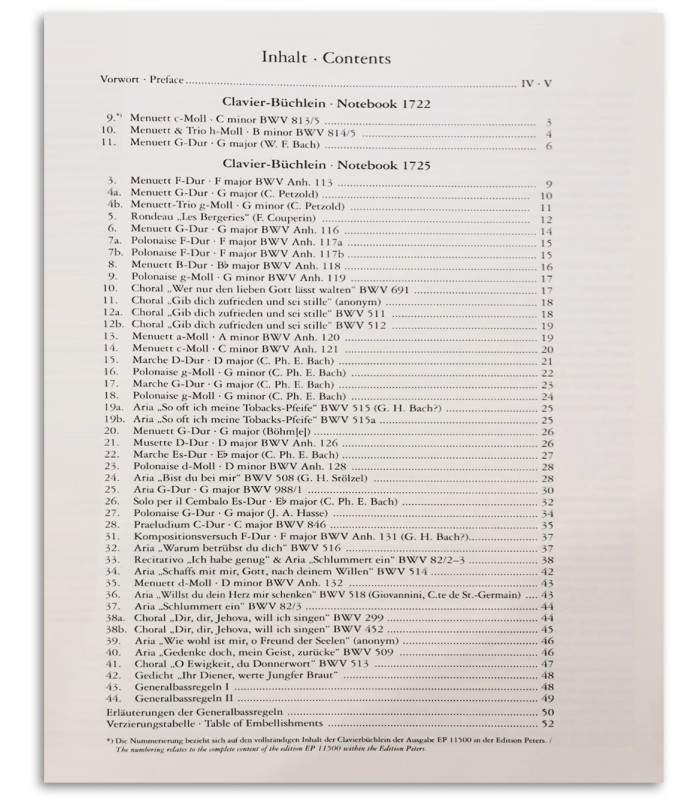 Foto del índice del Libro Edition Peters EP4546 Bloc Notas Anna Magdalena Bach